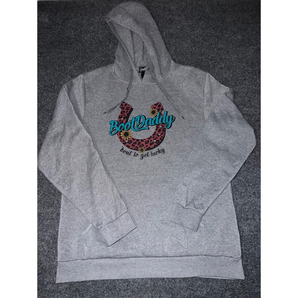BootDaddy Collection Gray Horseshoe Graphic Hoodie Women Large Leopard Sunflower